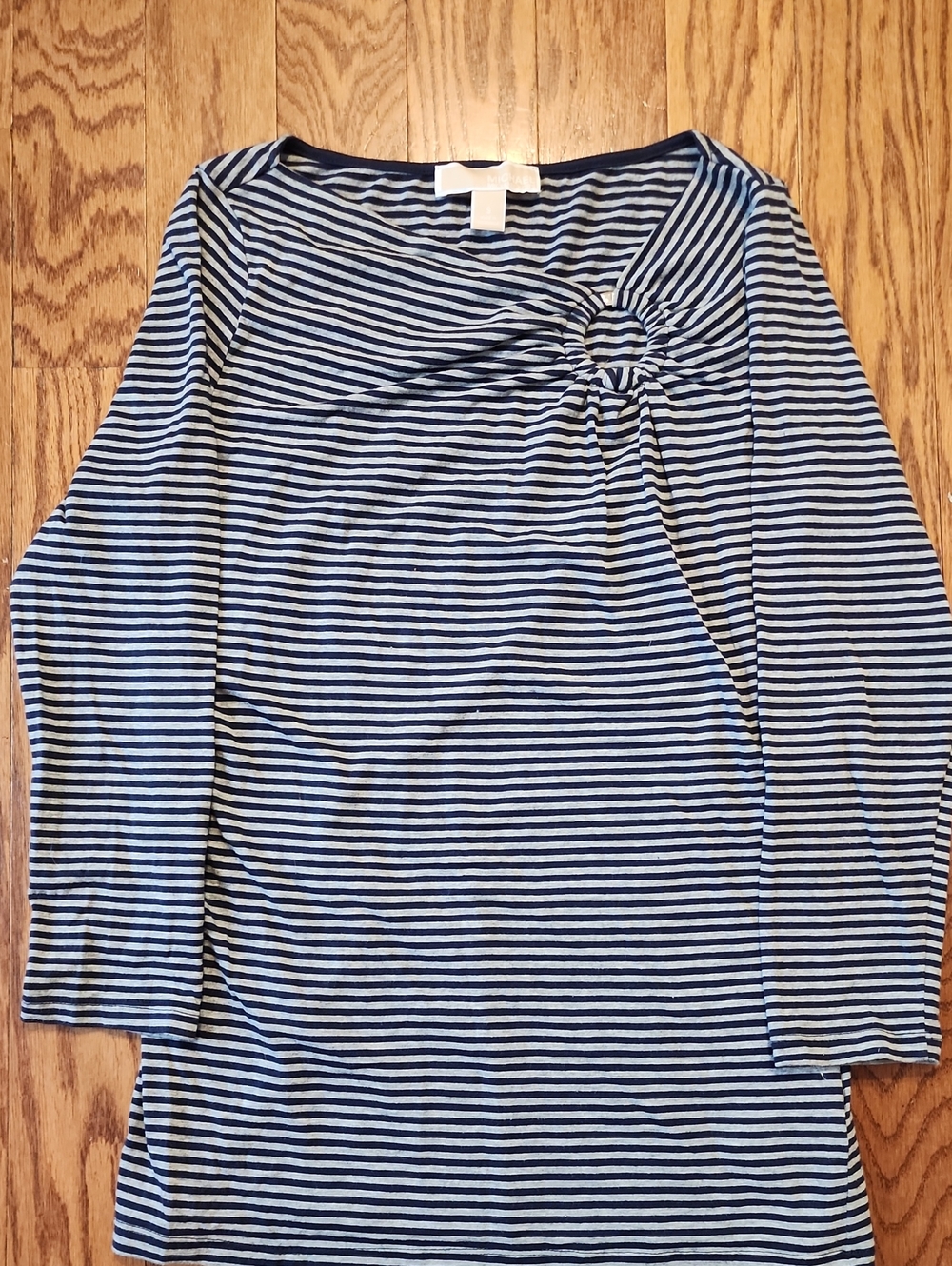 Michael Kors Striped Navy and Gray 3/4 Sleeve Women's Top with Twist Detail